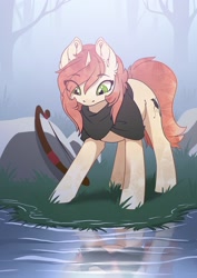 Size: 2480x3508 | Tagged: safe, artist:arctic-fox, imported from derpibooru, oc, oc only, oc:clouded wisp, crystal pony, pony, unicorn, bow (weapon), female, horn, reflection, solo, tree, water