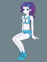 Size: 1620x2160 | Tagged: safe, artist:haibaratomoe, idw, imported from derpibooru, rarity, equestria girls, spoiler:comicequestriagirlsmarchradness, belly button, clothes, female, midriff, shoes, shorts, socks, solo, sports bra