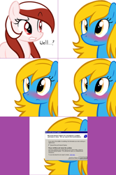 Size: 1112x1670 | Tagged: safe, artist:marytheechidna, imported from derpibooru, oc, oc:internet explorer, oc:opera, earth pony, pony, ask internet explorer, blushing, browser ponies, error message, internet explorer