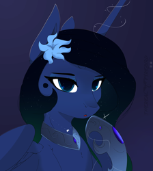 Size: 2699x3006 | Tagged: safe, artist:therealf1rebird, imported from derpibooru, princess luna, alicorn, pony, armor, cute, female, flower, flower in hair, horn, looking at you, mare, solo, wings