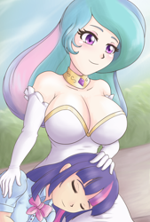 Size: 1080x1600 | Tagged: safe, artist:feudal-fiction, imported from derpibooru, princess celestia, twilight sparkle, human, equestria girls, bare shoulders, big breasts, breasts, busty princess celestia, cleavage, clothes, duo, duo female, eyebrows, eyes closed, female, gloves, human coloration, humanized, jewelry, long gloves, lying down, momlestia, necklace, regalia, sitting, smiling