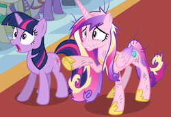 Size: 2184x1495 | Tagged: safe, imported from derpibooru, screencap, fine line, masquerade, maxie, north star, princess cadance, twilight sparkle, alicorn, pony, unicorn, a canterlot wedding, cropped, dirty, female, mare, messy mane, scratches, sisters-in-law, unicorn twilight