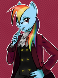 Size: 600x800 | Tagged: safe, artist:r-i-s-e, imported from derpibooru, rainbow dash, anthro, ace attorney, clothes, crossover, female, glasses, miles edgeworth, solo