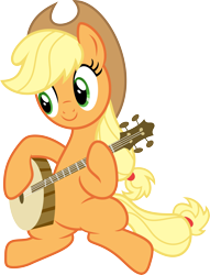 Size: 6869x9000 | Tagged: safe, artist:korsoo, imported from derpibooru, applejack, earth pony, pony, pinkie apple pie, applejack's hat, banjo, cowboy hat, cute, female, happy, hat, jackabetes, mare, musical instrument, playing instrument, simple background, sitting, smiling, solo, transparent background, vector