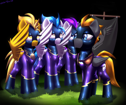 Size: 2500x2100 | Tagged: safe, artist:shido-tara, imported from derpibooru, oc, oc only, oc:blaze (shadowbolt), oc:crimson rain, oc:dream searcher, oc:whirlwind flux, pegasus, pony, clothes, commission, costume, flag, grass, latex, latex suit, multiple characters, pegasus oc, salute, shadowbolts, shadowbolts costume, uniform, wings