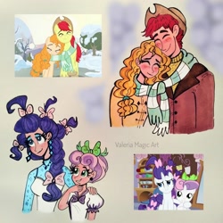 Size: 3120x3120 | Tagged: safe, artist:valeriamagicart, imported from derpibooru, bright mac, pear butter, rarity, sweetie belle, earth pony, human, pony, unicorn, alternate hairstyle, blushing, bow, clothes, cute, hair bow, humanized, scarf, scene interpretation, screencap reference, shared clothing, shared scarf, snow, tail bow, traditional art
