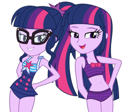 Size: 10553x9568 | Tagged: safe, artist:alandssparkle, artist:aryatheeditor, artist:firesidearmy46231, edit, imported from derpibooru, vector edit, sci-twi, twilight sparkle, equestria girls, absurd resolution, beach shorts swimsuit, belly button, bikini, clothes, duo, duo female, female, glasses, legs together, looking at you, one-piece swimsuit, ponytail, show accurate, simple background, sleeveless, swimsuit, transparent background, twilight sparkes' beach shorts swimsuit, twilight sparkle (alicorn), twolight, vector