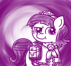 Size: 640x600 | Tagged: safe, artist:ficficponyfic, imported from derpibooru, part of a set, oc, oc only, oc:mulberry telltale, cyoa:madness in mournthread, aside glance, bag, boots, cheeky pony, clothes, cyoa, dress, ears up, flower, headband, monochrome, mystery, neckerchief, one brow down, one eyebrow lowered, part of a series, shawl, shoes, sideways glance, smiling, story included