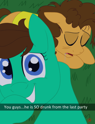 Size: 1536x2000 | Tagged: safe, artist:hufflepuffrave, imported from derpibooru, cheese sandwich, oc, oc:pencil sketch, earth pony, pony, canon x oc, drool, drunk, duo, female, male, selfie, snapchat, straight