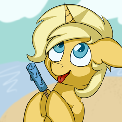 Size: 2048x2048 | Tagged: safe, artist:nevermore228, imported from derpibooru, oc, oc only, oc:sunlight bolt, pony, unicorn, beach, food, ice cream, male, sand, solo, stallion, tongue out