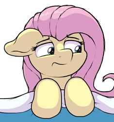 Size: 2825x3000 | Tagged: safe, artist:ljdamz1119, imported from derpibooru, fluttershy, pony, bed, blanket, bust, female, floppy ears, high res, in bed, lidded eyes, looking away, lying down, mare, on back, simple background, solo, tired, white background