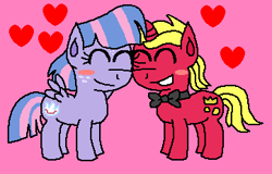 Size: 362x232 | Tagged: safe, artist:drypony198, imported from derpibooru, wind sprint, oc, oc:goldar glint, oc:golder glint, blush sticker, blushing, bowtie, canon x oc, cute, female, floating heart, heart, male, pink background, shipping, simple background, straight