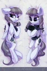 Size: 708x1063 | Tagged: safe, artist:taneysha, imported from derpibooru, inky rose, pegasus, pony, honest apple, black rose, body pillow, body pillow design, commission, cute, ear fluff, female, flower, goth, inkabetes, lying down, mare, on back, one eye closed, rose, smiling, solo, watermark, wink