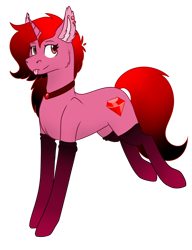 Size: 1092x1424 | Tagged: safe, artist:rokosmith26, imported from derpibooru, oc, oc only, oc:ruby madness, pony, unicorn, cheek fluff, clothes, ear fluff, female, gem, horn, jewelry, long hair, long mane, looking at you, mare, necklace, piercing, red eyes, red mane, ruby, simple background, solo, stockings, tail, thigh highs, tongue out, transparent background