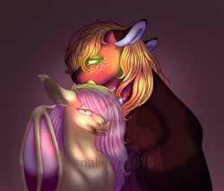 Size: 990x842 | Tagged: safe, artist:malinraf1615, imported from derpibooru, big macintosh, fluttershy, bat pony, earth pony, pony, bat ponified, bite mark, blood, corrupted, fangs, female, floppy ears, flutterbat, fluttermac, glowing eyes, gradient background, looking at you, male, race swap, shipping, slit eyes, slit pupils, straight, watermark