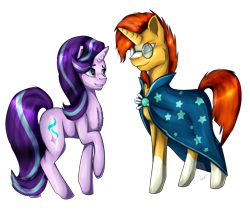 Size: 3433x3000 | Tagged: safe, artist:11-shadow, imported from derpibooru, starlight glimmer, sunburst, pony, unicorn, cape, clothes, coat markings, duo, female, glasses, male, raised hoof, simple background, socks (coat marking), socks (coat markings), transparent background
