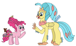 Size: 3264x1967 | Tagged: safe, artist:supahdonarudo, imported from derpibooru, pinkie pie, princess skystar, classical hippogriff, earth pony, hippogriff, my little pony: the movie, confetti, older, older pinkie pie, older skystar, rubber duck, simple background, size difference, teddy bear, transparent background, waving