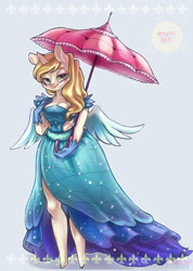 Size: 940x1321 | Tagged: safe, artist:mirululu, imported from derpibooru, sweet biscuit, anthro, unguligrade anthro, unicorn, canterlot boutique, bedroom eyes, blue background, clothes, dress, female, gloves, looking at you, parasol (umbrella), princess dress, simple background, smiling, solo, umbrella, wings