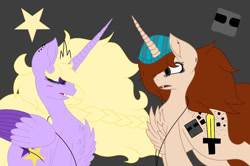 Size: 1084x720 | Tagged: safe, artist:saladstarry, imported from derpibooru, oc, oc only, oc:star heart, alicorn, pony, unicorn, alicorn oc, chest fluff, duo, eyes closed, female, hat, horn, jewelry, mare, necklace, two toned wings, unicorn oc, wings