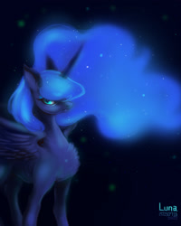 Size: 1280x1600 | Tagged: safe, artist:mirululu, imported from derpibooru, princess luna, alicorn, pony, black background, chest fluff, ear fluff, ethereal mane, female, mare, simple background, solo