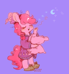 Size: 750x800 | Tagged: safe, artist:mirululu, imported from derpibooru, gummy, pinkie pie, earth pony, pony, alternate hairstyle, bipedal, clothes, crescent moon, cute, diapinkes, eyes closed, female, hat, hoof hold, mare, moon, nightcap, open mouth, pajamas, pillow, purple background, simple background, slippers, solo, yawn