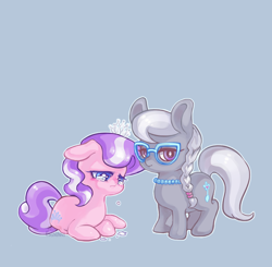 Size: 750x734 | Tagged: safe, artist:mirululu, imported from derpibooru, diamond tiara, silver spoon, earth pony, pony, adorabullies, blue background, crying, cute, duo, female, filly, floppy ears, jewelry, sad, sadorable, simple background, tiara