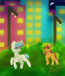 Size: 735x858 | Tagged: safe, artist:nel_liddell, imported from derpibooru, oc, oc only, earth pony, pony, building, bush, chest fluff, duo, earth pony oc, looking back, outdoors, raised hoof, stars, ufo