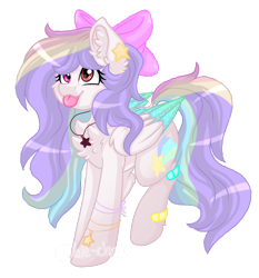 Size: 1080x1160 | Tagged: safe, artist:silentwolf-oficial, imported from derpibooru, oc, oc only, oc:candy star, pegasus, pony, :p, bow, chest fluff, ear fluff, hair bow, jewelry, multicolored hair, necklace, pegasus oc, rainbow hair, simple background, solo, tongue out, transparent background, two toned wings, wings