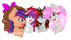 Size: 1920x1080 | Tagged: safe, artist:silentwolf-oficial, imported from derpibooru, oc, oc only, oc:pandita, pony, unicorn, bow, bust, chest fluff, eyelashes, group, hair bow, heterochromia, horn, open mouth, simple background, smiling, transparent background, unicorn oc