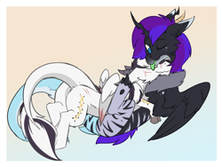 Size: 3700x2788 | Tagged: source needed, safe, artist:beardie, imported from derpibooru, oc, oc:yiazmat, draconequus, cuddling, draconequus oc, horns, hug, tail