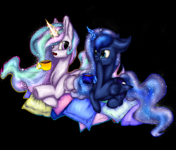 Size: 2346x2000 | Tagged: safe, artist:11-shadow, imported from derpibooru, princess celestia, princess luna, alicorn, pony, black background, chest fluff, chocolate, coffee mug, duo, fluffy, food, glowing horn, horn, hot chocolate, lying down, magic, mug, prone, simple background, telekinesis