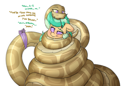 Size: 3800x2600 | Tagged: safe, artist:fluffyxai, imported from derpibooru, oc, oc:anika, oc:summer ray, pony, snake, blushing, coiling, coils, drool, forked tongue, hypnosis, hypnotized, kaa eyes, mind control, relaxed, simple background, speech, swirly eyes, talking, text, tongue out, transparent background, wrapped up