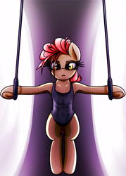 Size: 5906x8268 | Tagged: safe, artist:jetwave, imported from derpibooru, oc, oc only, oc:dala vault, earth pony, pony, absurd resolution, bipedal, clothes, dramatic lighting, earth pony oc, frog (hoof), gymnastic rings, gymnastics, iron cross, leotard, looking at you, solo, sweat, sweatdrop, thighs, underhoof