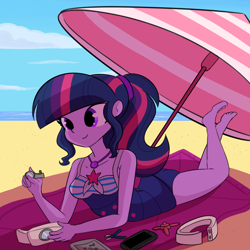 Size: 3375x3375 | Tagged: safe, artist:tjpones, imported from derpibooru, sci-twi, twilight sparkle, equestria girls, barefoot, beach, beach shorts swimsuit, beach towel, beach umbrella, breasts, busty twilight sparkle, clothes, cute, drone, feet, female, lying down, missing accessory, no glasses, one-piece swimsuit, selfie drone, sleeveless, smiling, solo, swimsuit, the pose, twiabetes, twilight sparkes' beach shorts swimsuit