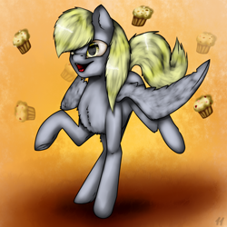 Size: 1000x1000 | Tagged: safe, artist:11-shadow, imported from derpibooru, derpy hooves, pegasus, pony, female, food, muffin, open mouth, raised hoof, solo, that pony sure does love muffins