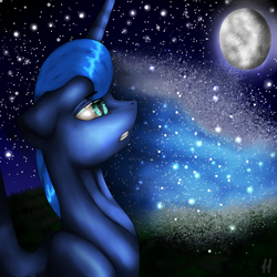 Size: 1000x1000 | Tagged: safe, artist:11-shadow, imported from derpibooru, princess luna, alicorn, pony, bust, female, moon, night, night sky, sky, slit pupils, solo