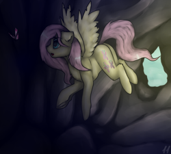 Size: 1000x900 | Tagged: safe, artist:11-shadow, imported from derpibooru, fluttershy, butterfly, pegasus, pony, cave, female, solo