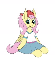 Size: 2008x2400 | Tagged: safe, artist:wapamario63, imported from derpibooru, fluttershy, pegasus, pony, 90s grunge fluttershy, alternate hairstyle, alternate manestyle, backwards ballcap, baseball cap, cap, clothes, female, gameloft, gameloft interpretation, hat, looking at you, mare, shirt, simple background, sitting, skirt, solo