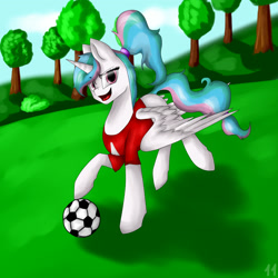 Size: 1700x1700 | Tagged: safe, artist:11-shadow, imported from derpibooru, princess celestia, alicorn, pony, alternate hairstyle, clothes, female, football, open mouth, ponytail, shirt, solo, sports, tree