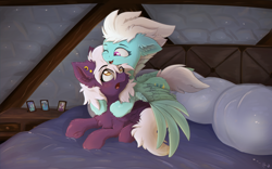 Size: 3840x2400 | Tagged: safe, artist:meow, artist:nighty, imported from derpibooru, fleetfoot, oc, oc:nighty cloud, pegasus, pony, bed, bedroom, blushing, canon x oc, chest fluff, commissioner:fleetfoot, cuddling, cute, duo, ear piercing, earring, female, fireplace, fleetnight, fluffy, frog (hoof), happy, hug, jewelry, lesbian, looking at each other, lying down, mare, night, nightstand, on top, one eye closed, open mouth, piercing, pillow, prone, shipping, signature, surprised, tail fluff, underhoof, wings