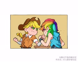 Size: 5906x4724 | Tagged: safe, artist:刚过千粉的噬云轩, imported from derpibooru, applejack, rainbow dash, human, applejack's hat, arm wrestling, clothes, cowboy hat, duo, hat, humanized