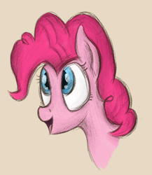 Size: 332x382 | Tagged: safe, artist:ahorseofcourse, pinkie pie, pony, bust, cute, looking up, open mouth, simple background, smiling, solo