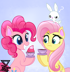 Size: 2100x2151 | Tagged: safe, artist:theretroart88, imported from derpibooru, angel bunny, fluttershy, pinkie pie, earth pony, pegasus, pony, rabbit, :i, animal, cup, food, frosting, pinkie being pinkie, question mark, smiling, sprinkles, tea, teacup