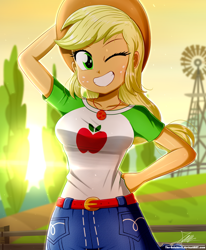 Size: 1784x2163 | Tagged: safe, artist:the-butch-x, imported from derpibooru, applejack, equestria girls, equestria girls series, applejack's hat, belt, blonde hair, breasts, busty applejack, clothes, cowboy hat, cute, cutie mark, cutie mark on clothes, denim skirt, female, fence, freckles, geode of super strength, grin, hat, jackabetes, jewelry, looking at you, magical geodes, necklace, one eye closed, rework, shirt, signature, skirt, smiling, smiling at you, solo, sun, sunset, sweat, sweatdrop, sweatdrops, t-shirt, tree, windmill, wink, winking at you, yellow hair