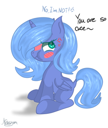 Size: 804x953 | Tagged: source needed, safe, artist:nersigon, imported from derpibooru, princess luna, alicorn, pony, angry, blatant lies, blush sticker, blushing, cross-popping veins, cute, dock, female, filly, folded wings, horn, i'm not cute, mare, pouting, puffy cheeks, s1 luna, signature, simple background, sitting, tsundere, tsunderuna, white background, wings, woona, younger