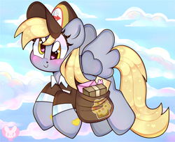 Size: 3687x3002 | Tagged: safe, artist:bunxl, imported from derpibooru, derpy hooves, pegasus, pony, blushing, female, flying, hat, heart eyes, mailbag, mailmare, mailmare hat, mailmare uniform, mare, package, smiling, solo, wingding eyes