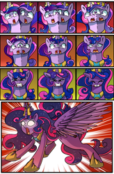 Size: 1800x2740 | Tagged: safe, artist:candyclumsy, imported from derpibooru, oc, oc:princess luminescent love, oc:princess morning star, oc:queen galaxia, oc:queen galaxia (bigonionbean), alicorn, pony, comic:the fusion flashback 2, alicorn princess, basement, canterlot, canterlot castle, chamber, comic, commissioner:bigonionbean, concerned, cutie mark, embarrassed, ethereal mane, flashback, forced, fusion, fusion:princess cadance, fusion:princess celestia, fusion:princess luminescent love, fusion:princess luna, fusion:princess morning star, fusion:queen galaxia, fusion:twilight sparkle, jewelry, magic, merge, merging, royalty, shocked, surprised, swelling, writer:bigonionbean