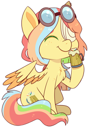 Size: 1581x2283 | Tagged: safe, artist:jetjetj, imported from derpibooru, part of a set, oc, oc only, oc:zapple cider, pegasus, pony, chibi, cider, commission, cute, eyes closed, female, goggles, mare, simple background, sitting, smiling, solo, transparent background, two toned wings, wings, ych result