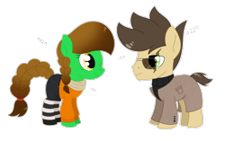 Size: 3257x2048 | Tagged: safe, artist:dyonys, imported from derpibooru, oc, oc only, oc:lucky brush, oc:night chaser, earth pony, chibi, clothes, coat, female, freckles, glasses, luckychaser, male, mare, scarf, simple background, skirt, stallion, sweater, transparent background, turtleneck