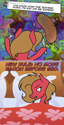 Size: 850x1656 | Tagged: safe, artist:ariah101, imported from derpibooru, oc, oc:pun, pony, ask pun, ask, food, fork, implied ponies eating meat, knife, meat, sausage